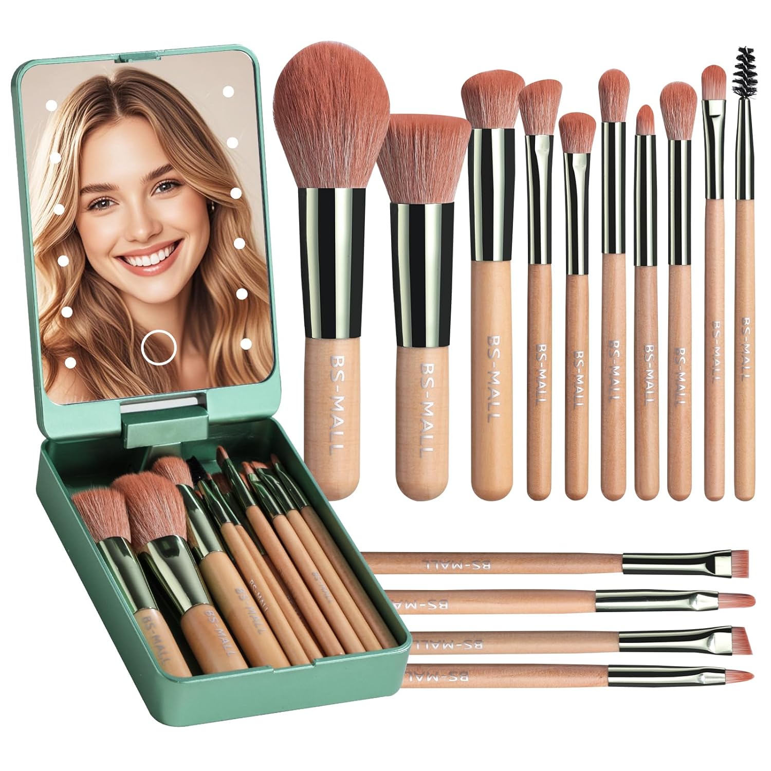 BS-MALL Makeup Brushes Foundation Powder Concealers Eye Shadows Makeup Set with LED light Mirror 14 Pcs Mini Makeup Brushes (APINK)