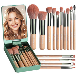 BS-MALL Makeup Brushes Foundation Powder Concealers Eye Shadows Makeup Set with LED light Mirror 14 Pcs Mini Makeup Brushes (APINK)