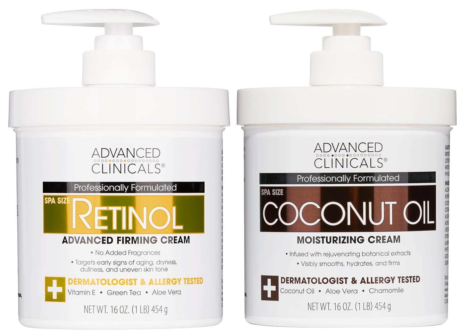 Advanced Clinicals Retinol Body Lotion + Collagen Cream Fragrance Free Face Moisturizer & Body Cream 2pc Skincare Set For Women & Men Helps Reduce Appearance Of Crepey Skin, Wrinkles, & Dry Skin, 2pc