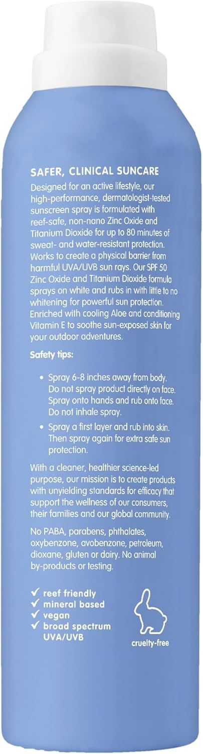 Thinksport Spray Sunscreen, All Sheer SPF 50 Zinc Oxide Mineral Sunscreen, 6 Fl Oz, Natural, Water Resistant, Reef Safe, Broad Spectrum UVA/UVB Sun Block for Sun Protection, Vegan