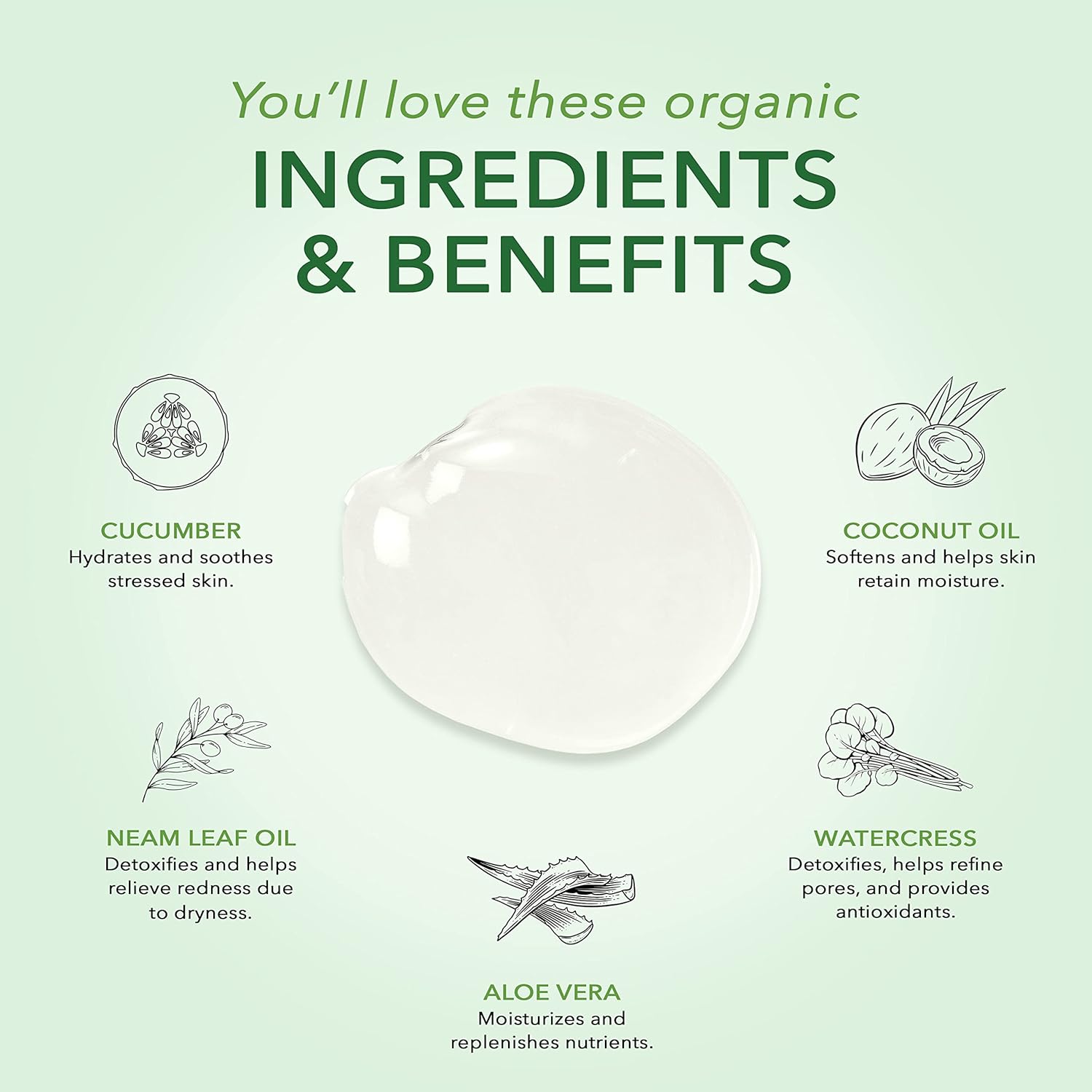 Nourish Organic Moisturizing Face Cleanser for All Skin Types, Watercress + Cucumber Face Wash, Fragrance-Free (6 Oz) + Washable Cotton Round