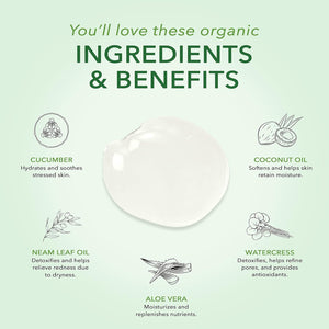 Nourish Organic Moisturizing Face Cleanser for All Skin Types, Watercress + Cucumber Face Wash, Fragrance-Free (6 Oz) + Washable Cotton Round