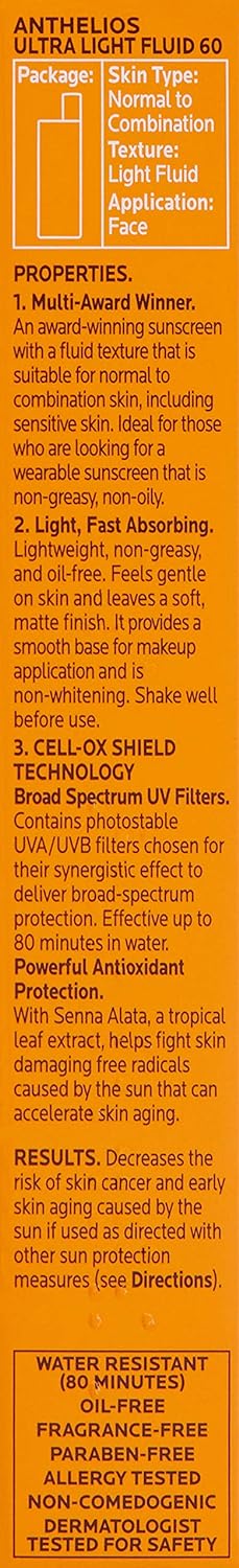 La Roche-Posay Anthelios Light Fluid Facial Sunscreen SPF 60, Lightweight Sunscreen For Face, Fluid Texture, Broad Spectrum SPF + Antioxidants, Oil Free & Oxybenzone Free, Travel Size 1.7 Fl. Oz.