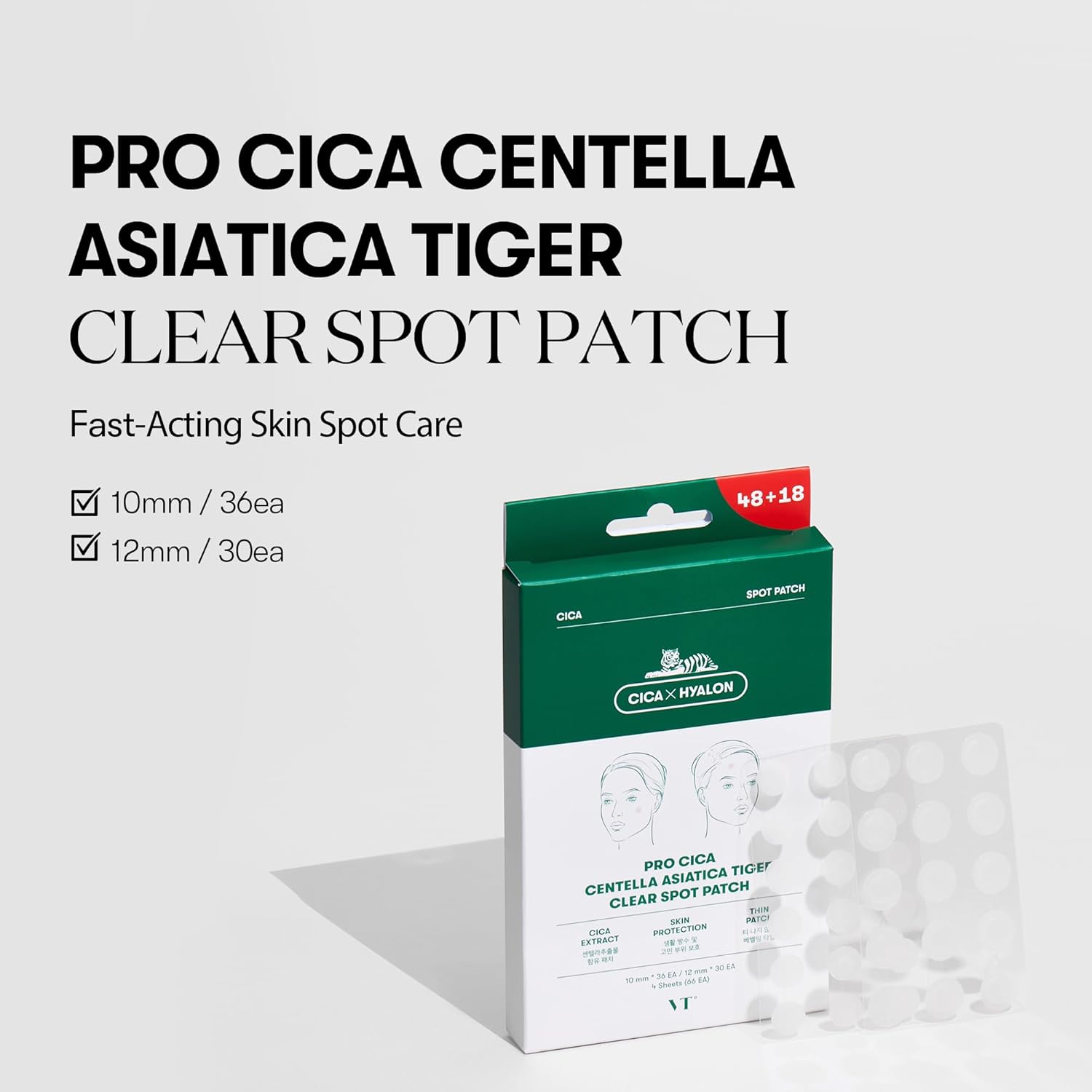 VT COSMETICS Pro CICA Centella Spot Patch, Hydrocolloid Invisible Thin Clear Spot Cover for Blemish & Sensitive Skin, Calming Care, Waterproof, 2 Sizes, Korean Skincare (66 Count)