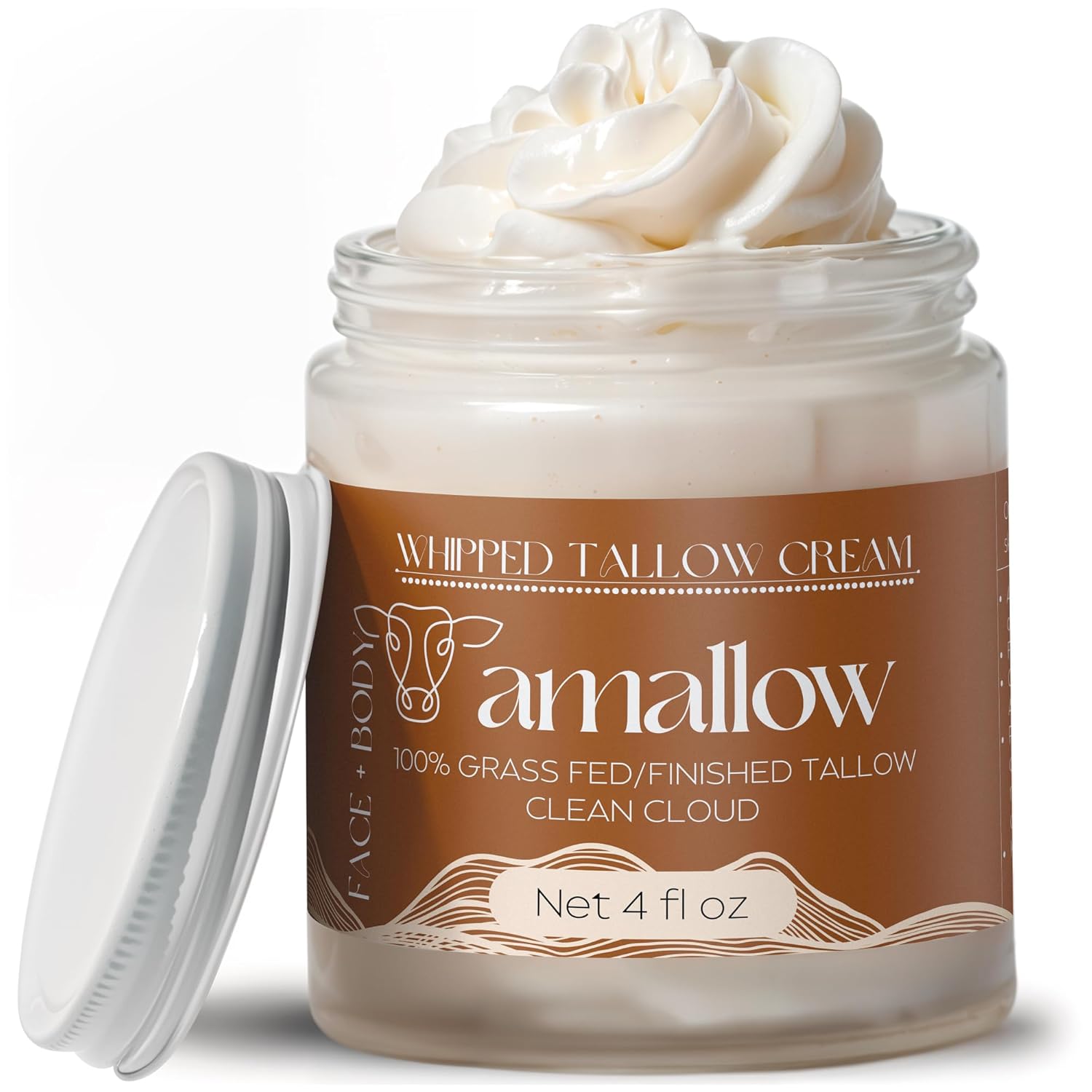 100% Grass Fed Beef Tallow for Skin Care - Face + Body - Whipped Moisturizer for Sensitive Skin - Natural Lotion, 4 FL. oz. (Unscented)