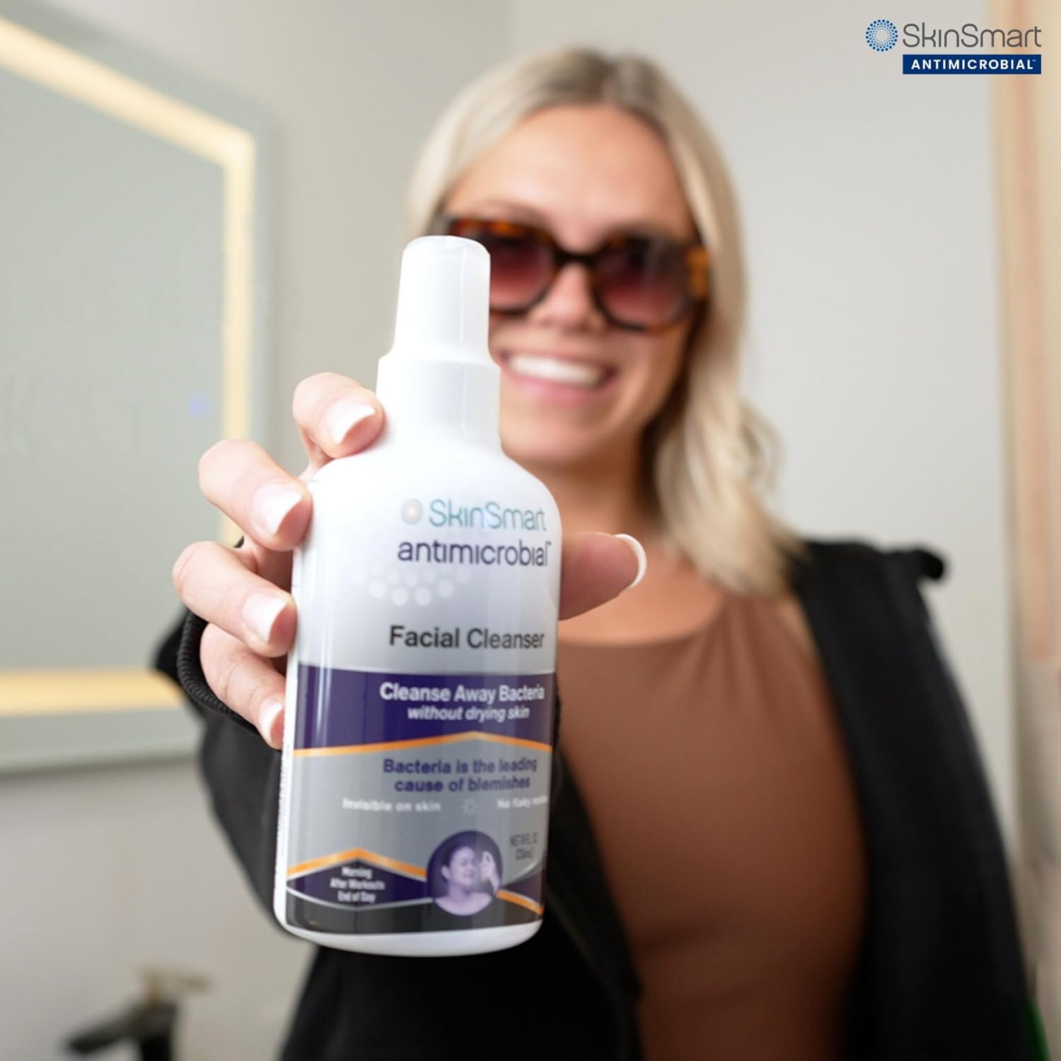 SkinSmart Antimicrobial Facial Cleanser for Breakouts, Targets Bacteria Linked to Acne with a Gentle Hypochlorous Acid Spray, Post Workout Miracle Solution for Adults and Teens, 8 Ounce Bottle