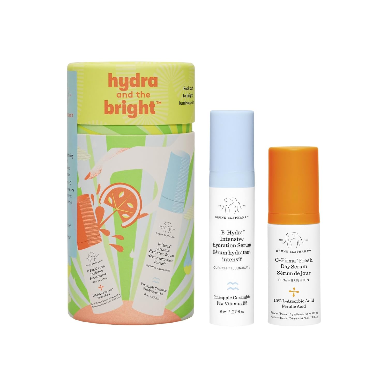 Drunk Elephant Hydra and the Bright - Includes C-Firma (9 ml) and B-Hydra (8 ml) - Clean Clinical Skincare - Cruelty-Free - Dermatologist-Tested - Free of Essential Oils, Silicones, and Fragrance