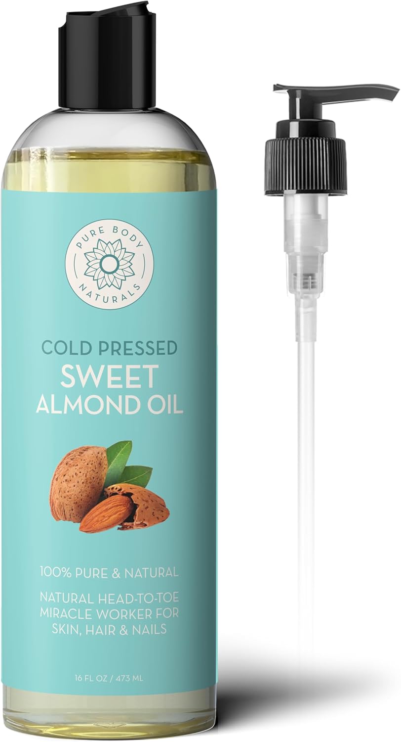 Pure Body Naturals Sweet Almond Oil – 100% Pure & Cold Pressed, for Hair, Skin, Nails & Massage (4 fl oz)