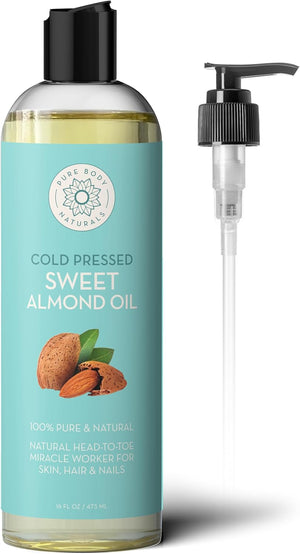 Pure Body Naturals Sweet Almond Oil – 100% Pure & Cold Pressed, for Hair, Skin, Nails & Massage (4 fl oz)