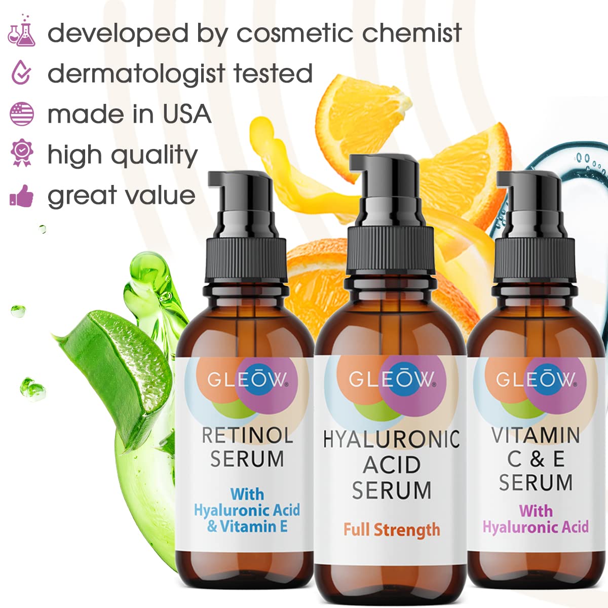Retinol Serum for Face, Vitamin C with Hyaluronic Acid Face Serum for Women and Men, Glow Skin Care Set Targets Appearance of Uneven Skin Tone and Dryness 3x1oz
