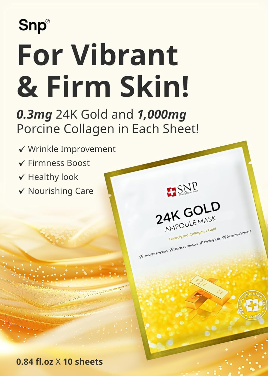 Best Korean Collagen Face Mask | 24K Gold Ampoule Sheet Mask | Hydrating Face Masks | For Tightening & Nourishing | Korean Skin Care | Overnight Face Masks | Moisturizing Sheet Mask | Snp | 10 Sheets