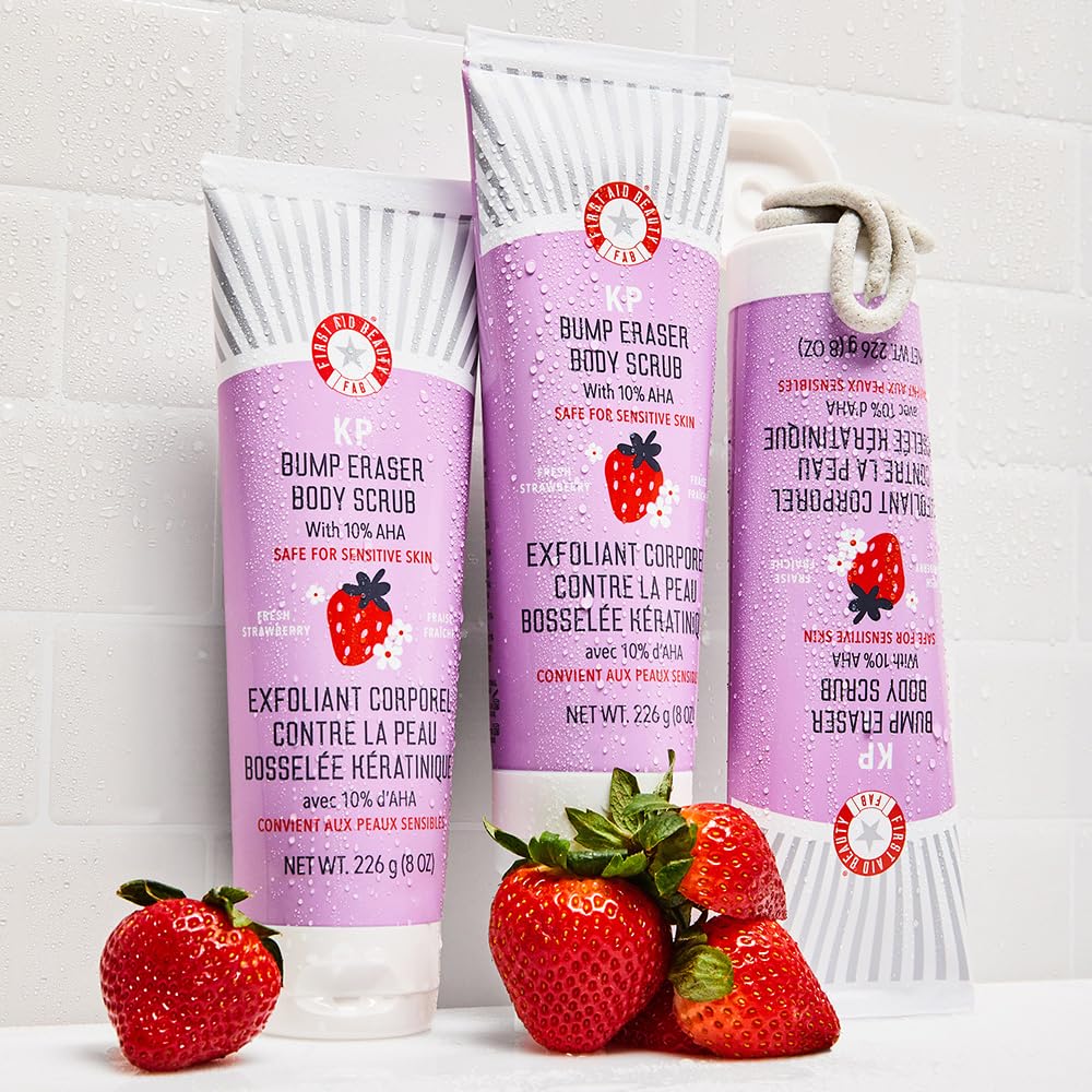 First Aid Beauty - KP Bump Eraser Body Scrub with 10% AHA, Keratosis Pilaris Exfoliator with Glycolic and Lactic acids, Helps Reduce Chicken Skin Bumps, Safe for Sensitive Skin, Strawberry Scent, 8 oz