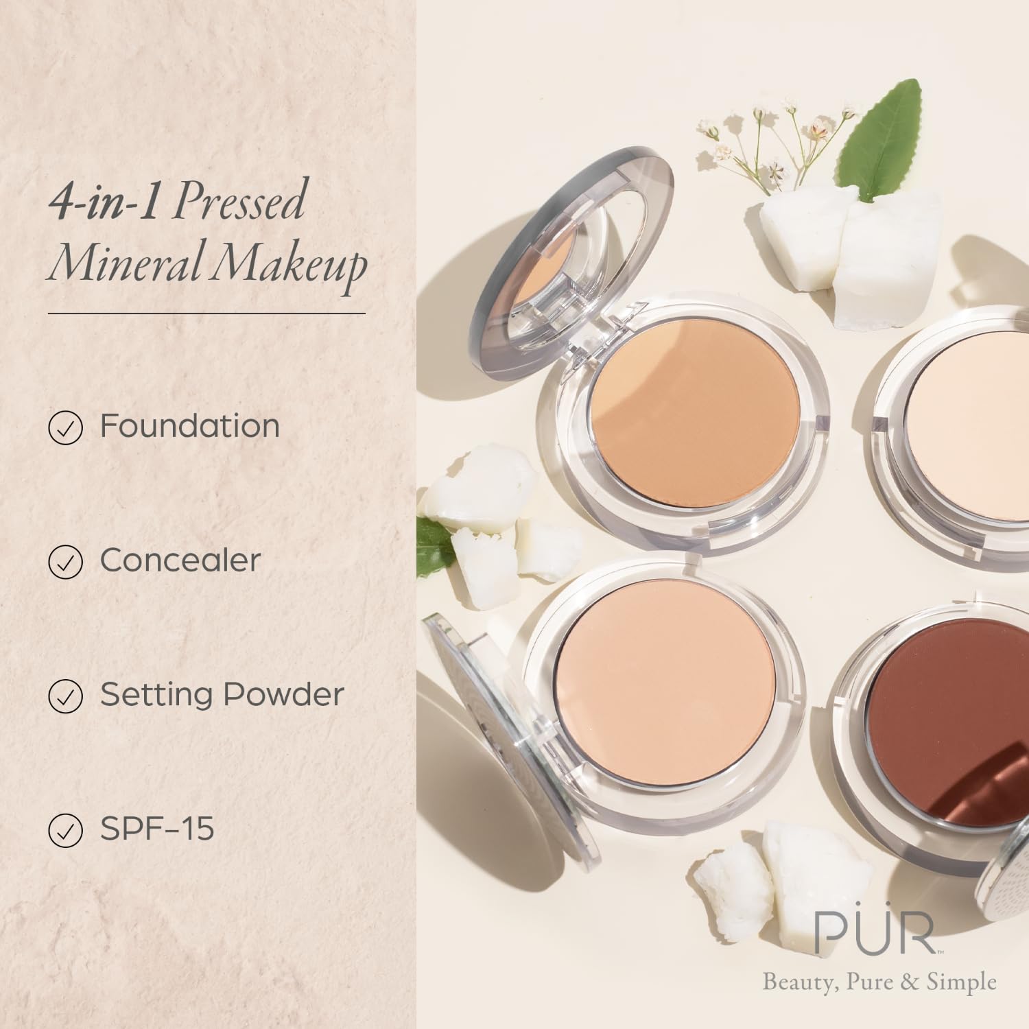 PUR Beauty 4-in-1 Pressed Mineral Makeup Powder Foundation with SPF 15 - Concealer & Finishing Compact Pressed Powder for Face - Buildable Medium to Full Coverage Foundation Powder