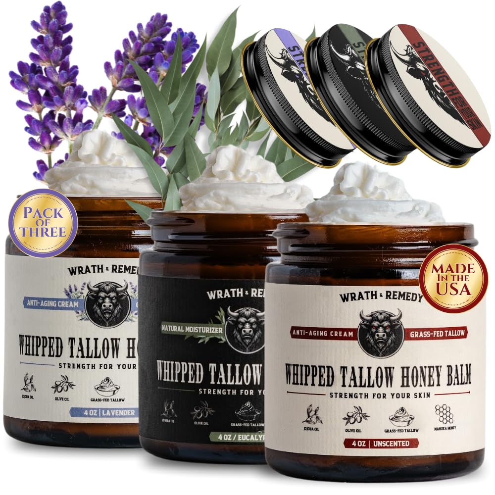 Wrath & Remedy Handmade Whipped Organic Beef Tallow for Skin - 4 OZ (Unscented) — Grass Fed Beef Tallow Moisturizer and Honey Balm for Silky, Sensitive-Skin, Eczema, Rosacea - Free of Harsh Chemicals