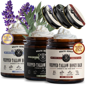 Wrath & Remedy Handmade Whipped Organic Beef Tallow for Skin - 4 OZ (Unscented) — Grass Fed Beef Tallow Moisturizer and Honey Balm for Silky, Sensitive-Skin, Eczema, Rosacea - Free of Harsh Chemicals
