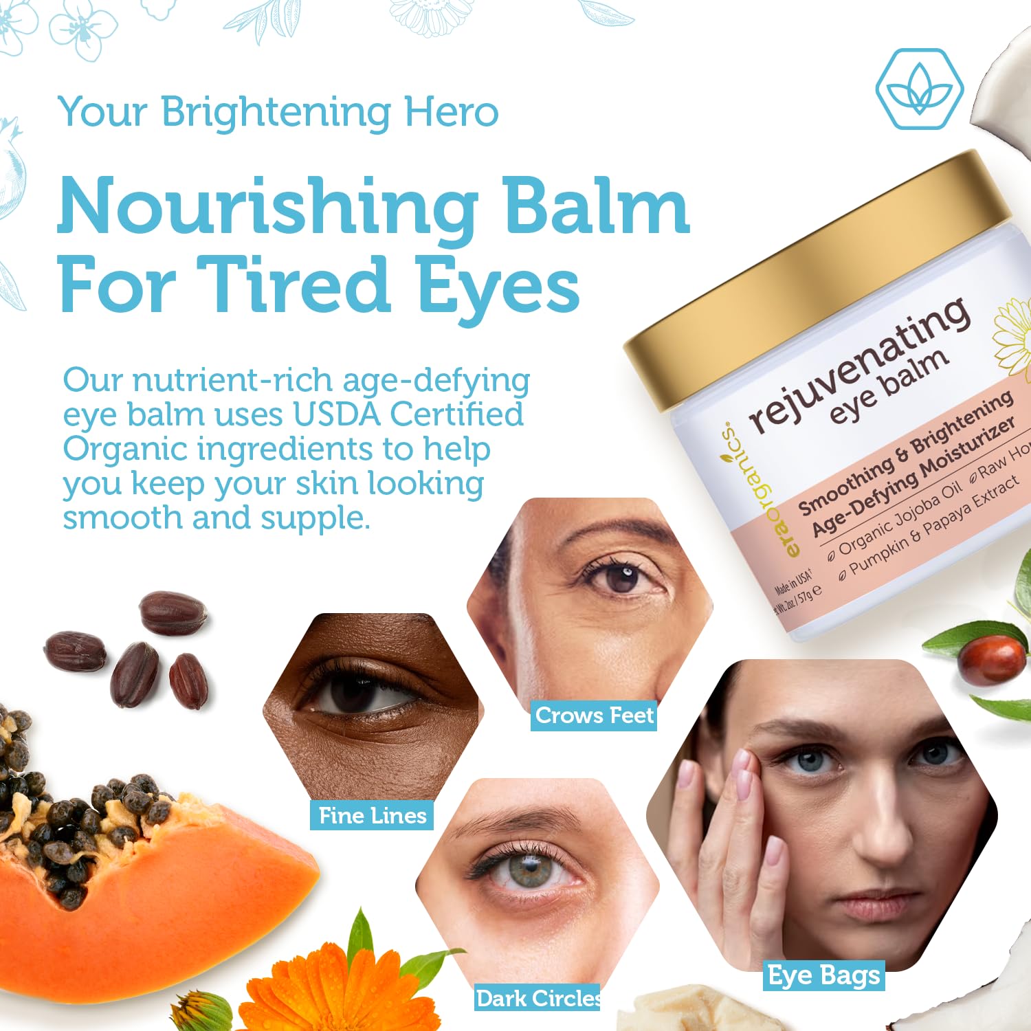 USDA Organic Eye Moisturizer Cream - Rejuvenating and Nourishing Age Defying Balm - Natural Ingredients for Sensitive Skin with Jojoba Oil, Argan Oil for Puffiness, Fine Lines Plus More