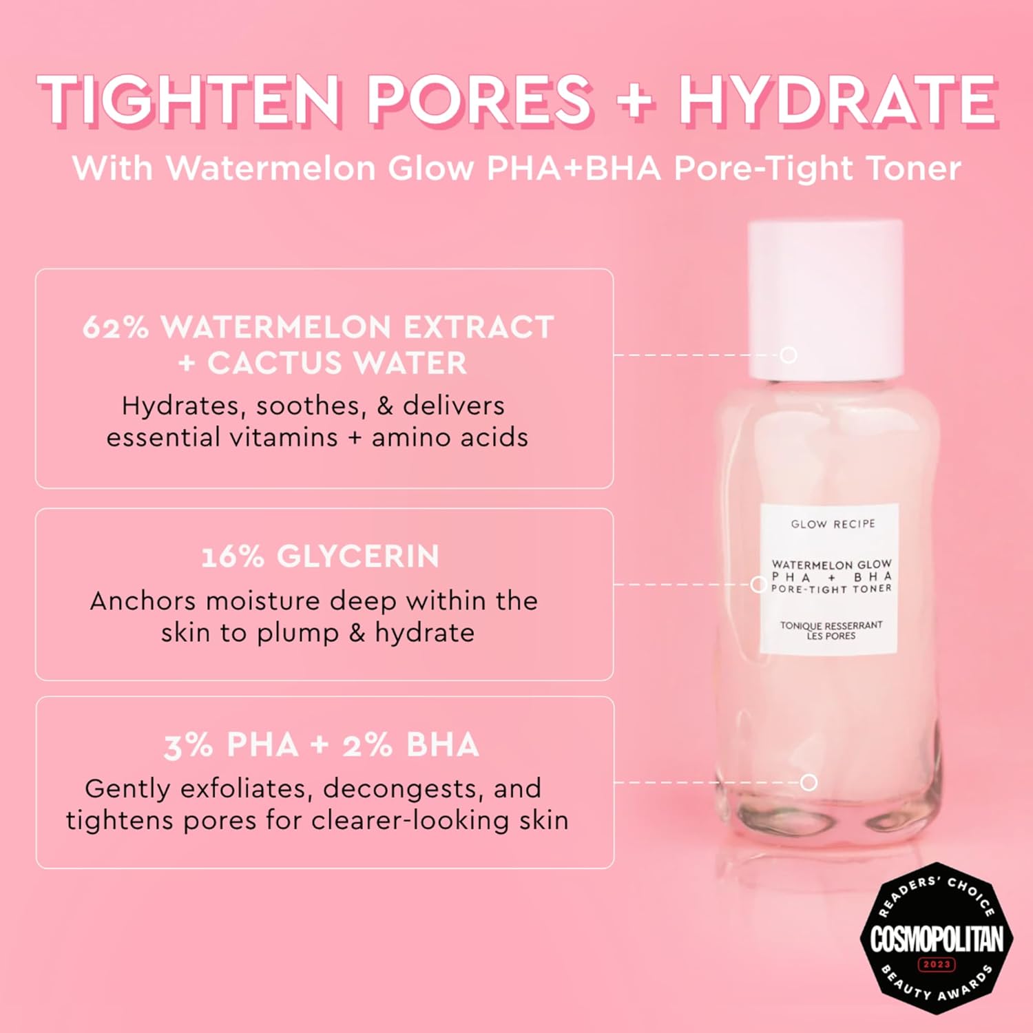 Glow Recipe PHA + BHA Face Toner - Korean Skin Care Pore Minimizer & Gentle Facial Exfoliator for Tightening, Hydrating & Exfoliating - Glycerin, Watermelon & Cactus Water (40ml)