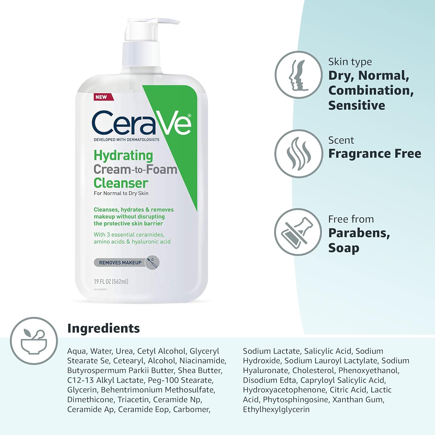 CeraVe Hydrating Cream To Foam Cleanser, Makeup Remover Face Wash For Dry Skin, Foaming Facial Cleanser With Hyaluronic Acid, Normal To Dry Skin, Fragrance Free & Non Comedogenic, 19 Fluid Ounce