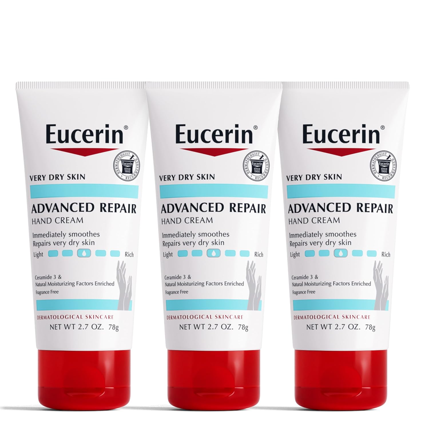 Eucerin Advanced Repair Hand Cream, Immediately Soothes and Repairs Very Dry Skin, Fragrance Free, Non Greasy, Fast Absorbing, Travel Size Hand Lotion, 2.7 Oz Tube, Pack of 3