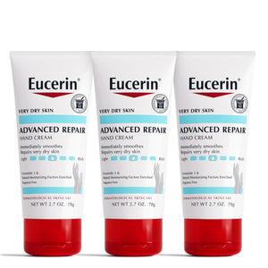 Eucerin Advanced Repair Hand Cream, Immediately Soothes and Repairs Very Dry Skin, Fragrance Free, Non Greasy, Fast Absorbing, Travel Size Hand Lotion, 2.7 Oz Tube, Pack of 3
