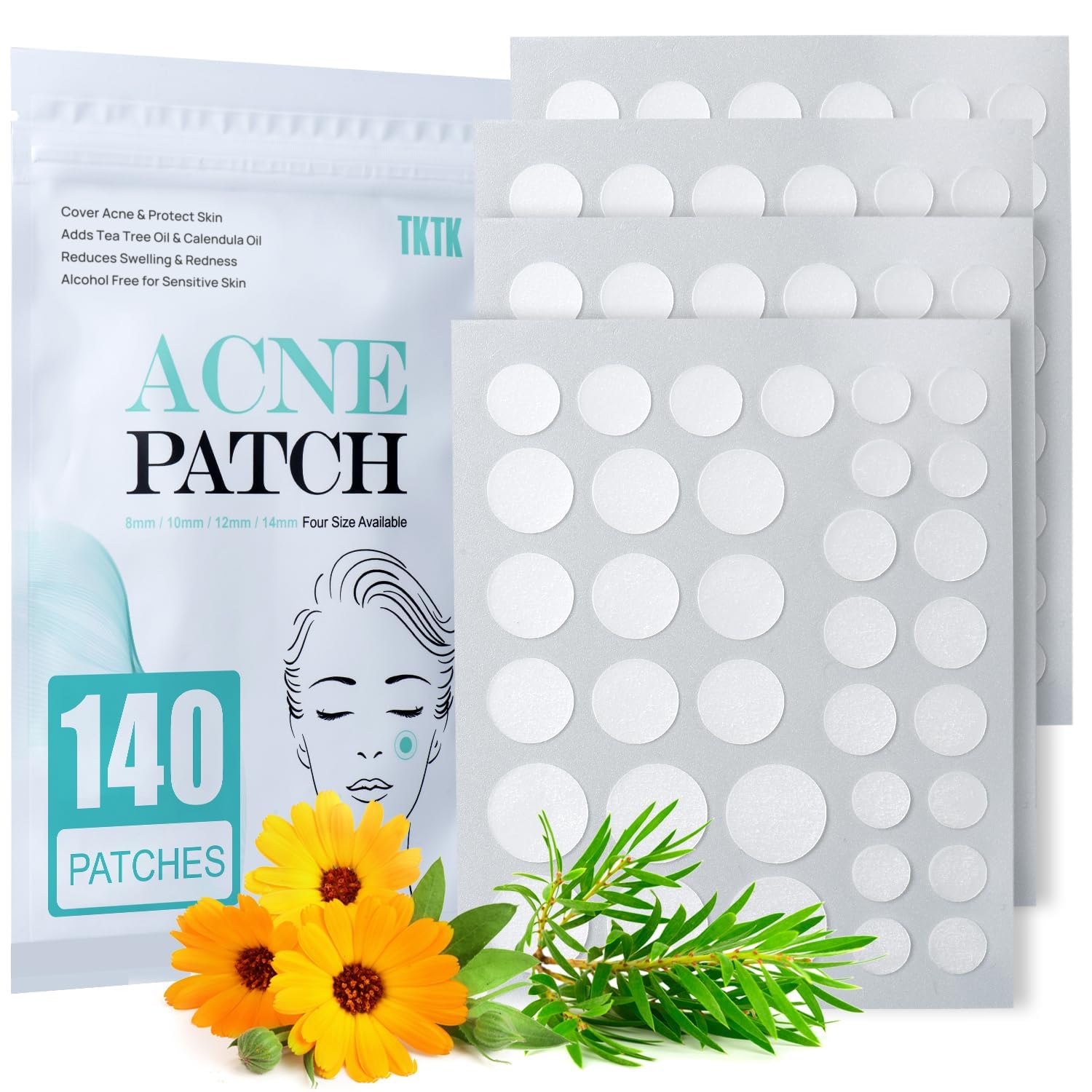 Pimple Patch Acne Patch, 4 Sizes 140 Patches Acne Absorbing Cover Patch, Hydrocolloid Invisible Acne Patches for Face Zit Patch Acne Dots Tea Tree, Calendula Oil