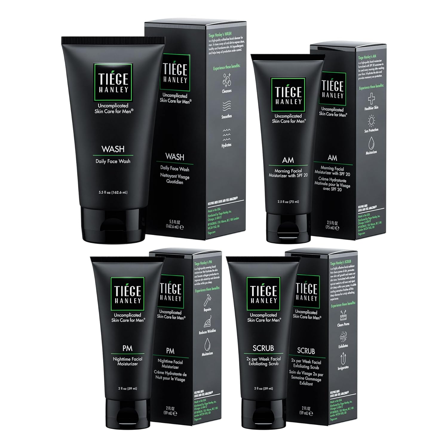 Tiege Hanley 90-Day Large Essential Skin Care Routine for Men (Level 1) - Smooth, hydrate, and protect your skin - Men's Skincare Set Includes Face Wash, Facial Scrub, & AM / PM Moisturizer's