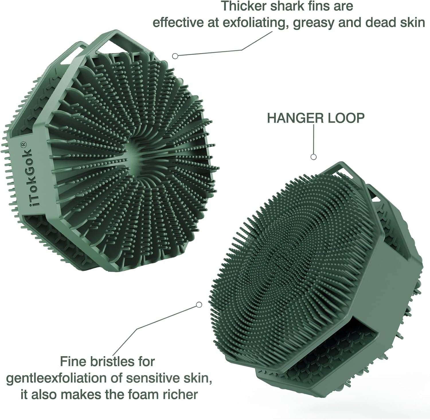 iTokGok® Premium 2-in-1 Silver-Infused Silicone Body Scrubber for Men, Double-Sided Design Body Brush Silicone Body Scrubber Exfoliating Body Brushes for All Skin, Lathers Well - Midnight Green