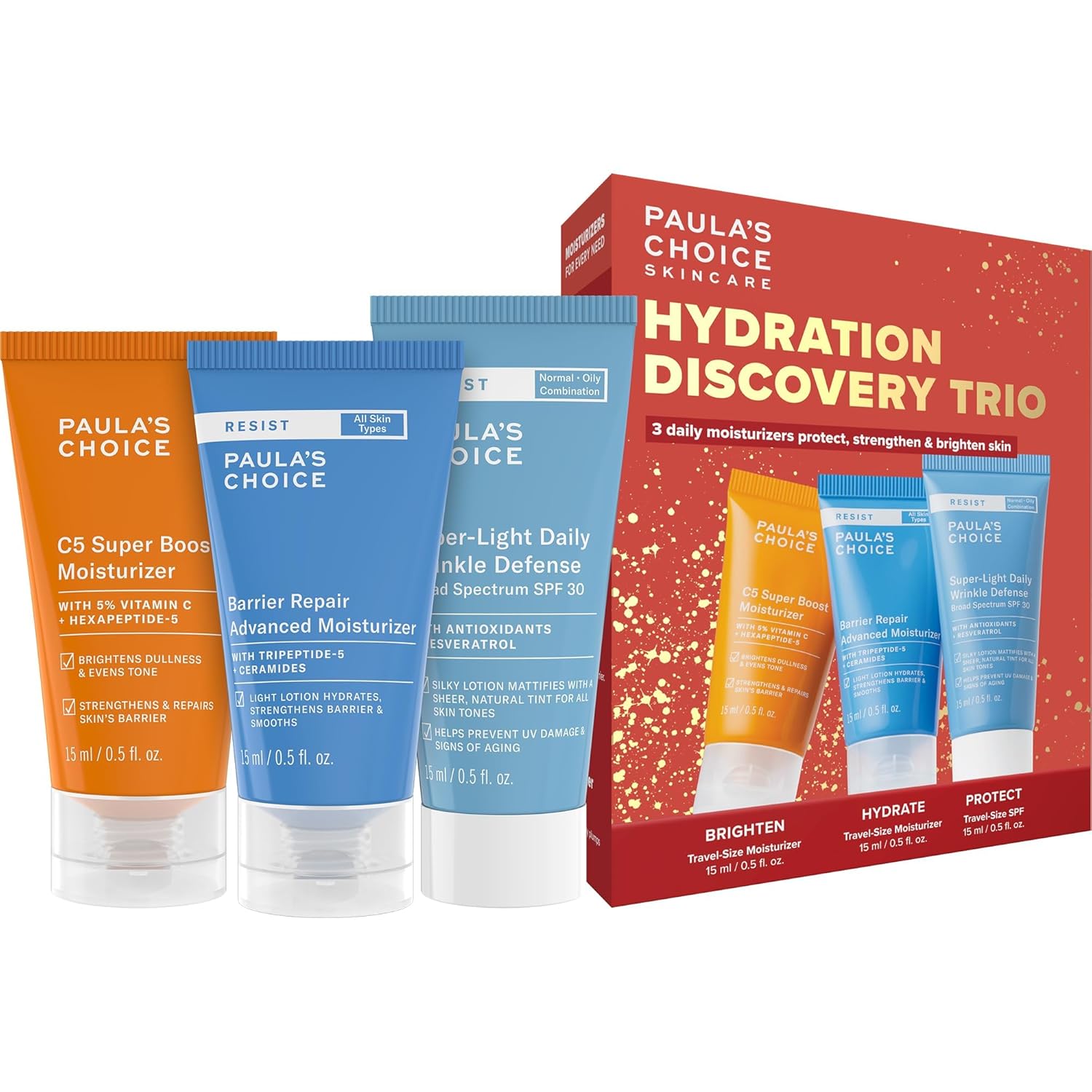 Paula’s Choice Hydration Trio Travel Essentials Mini Kit, Includes C5 5% Vitamin C Moisturizer, RESIST Barrier Repair Lotion and RESIST Wrinkle Defense Matte Tinted Moisturizer SPF 30, Set of 3