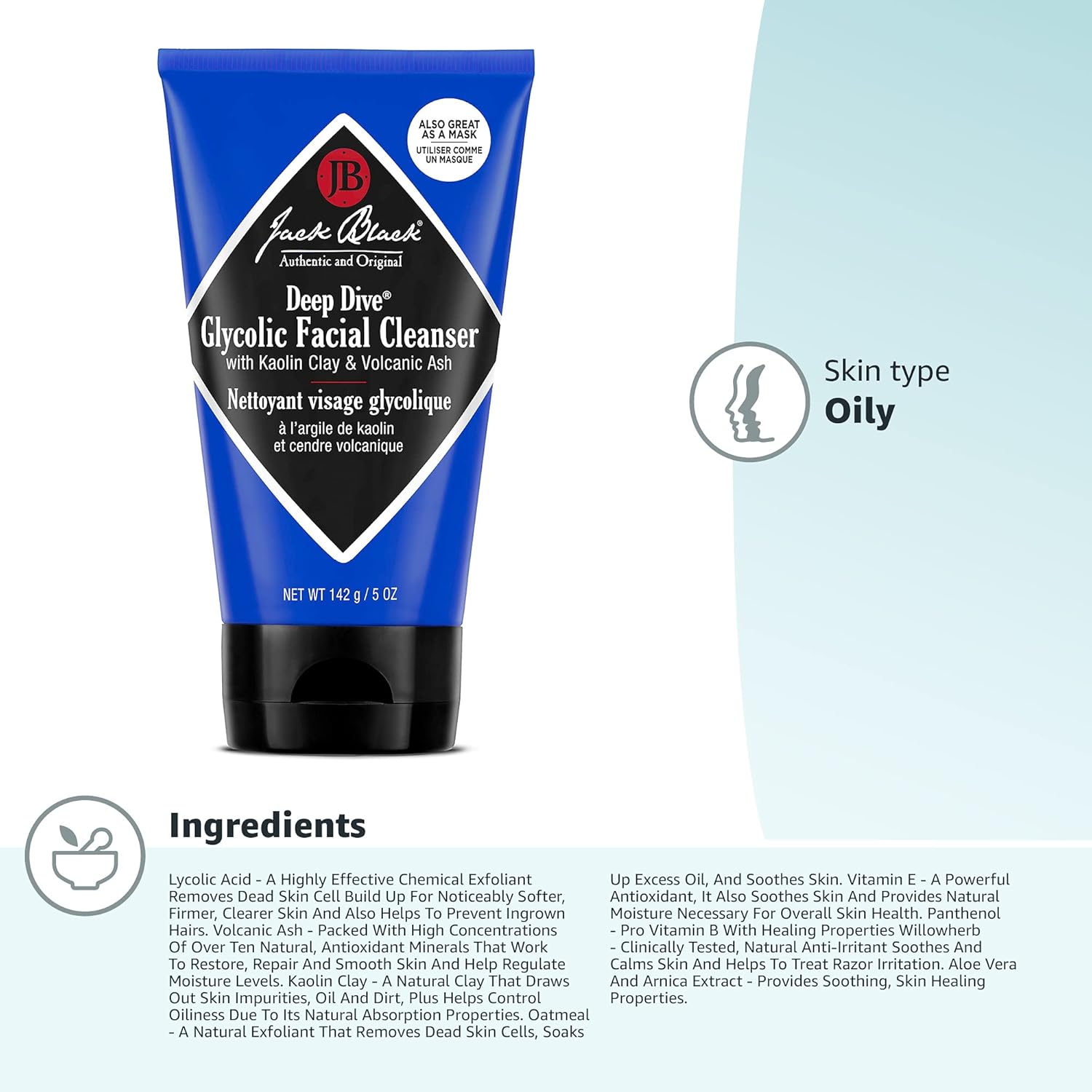 Jack Black - Deep Dive Glycolic Facial Cleanser, Clay-Based Cleanser, PureScience Formula, Facial Cleanser and Mask, Recommended for Normal, Dry, or Oily Skin, Glycolic Acid