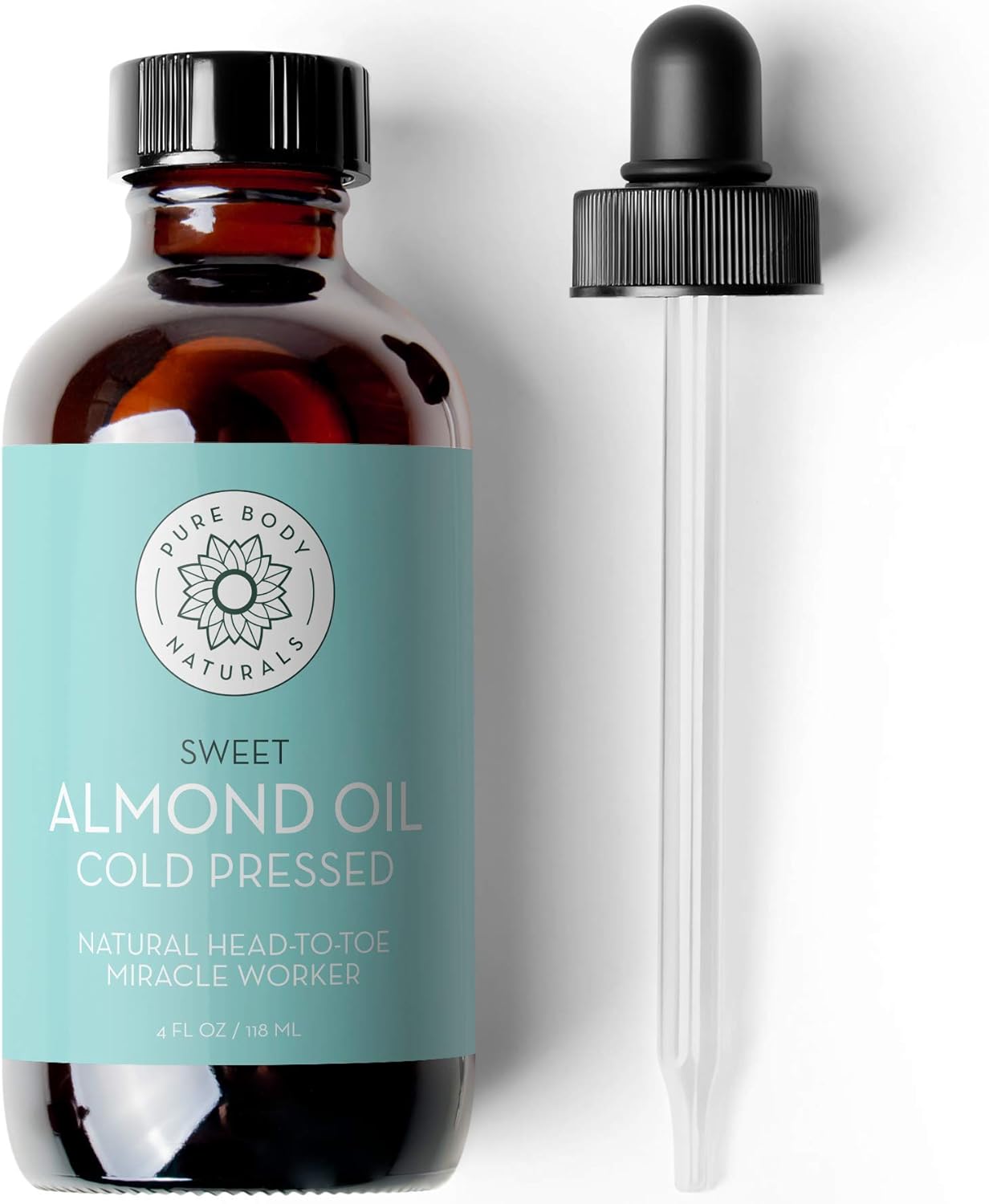 Pure Body Naturals Sweet Almond Oil – 100% Pure & Cold Pressed, for Hair, Skin, Nails & Massage (4 fl oz)