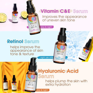 Retinol Serum for Face, Vitamin C with Hyaluronic Acid Face Serum for Women and Men, Glow Skin Care Set Targets Appearance of Uneven Skin Tone and Dryness 3x1oz