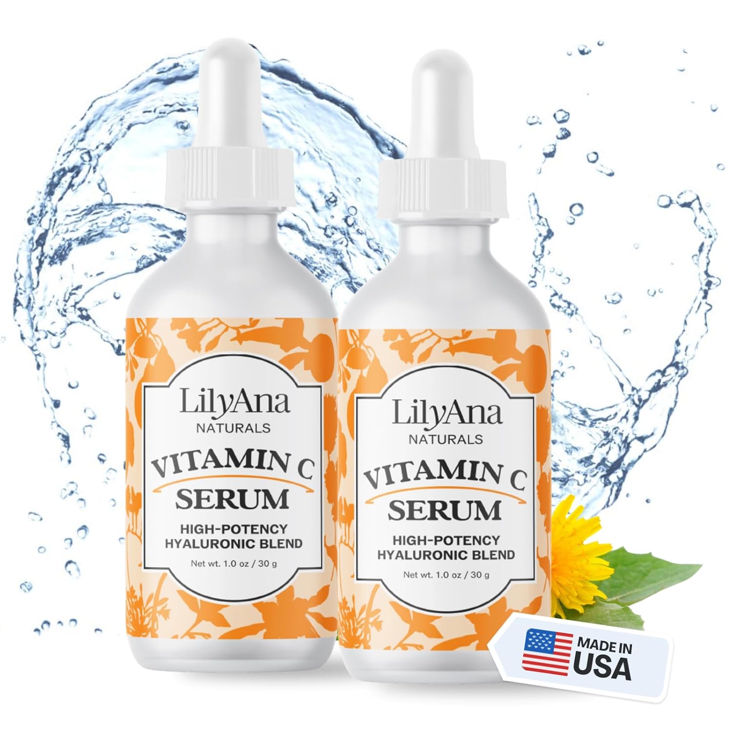 LilyAna Naturals Vitamin C Serum for Face with Hyaluronic Acid and Vitamin E, Anti Aging Serum, Reduces Age Spots and Sun Damage, Promotes Collagen and Elastin (1oz)