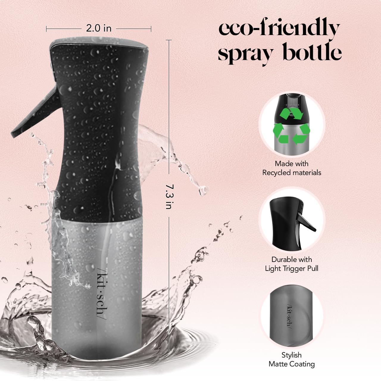 Kitsch Spray Bottle for Hair - Continuous Water Mister with Ultra Fine Mist for Hairstyling, Barbers, Salons, Cleaning, Plants, Versatile Spray Bottles - Made from Recycled Plastic - Black, 5 oz