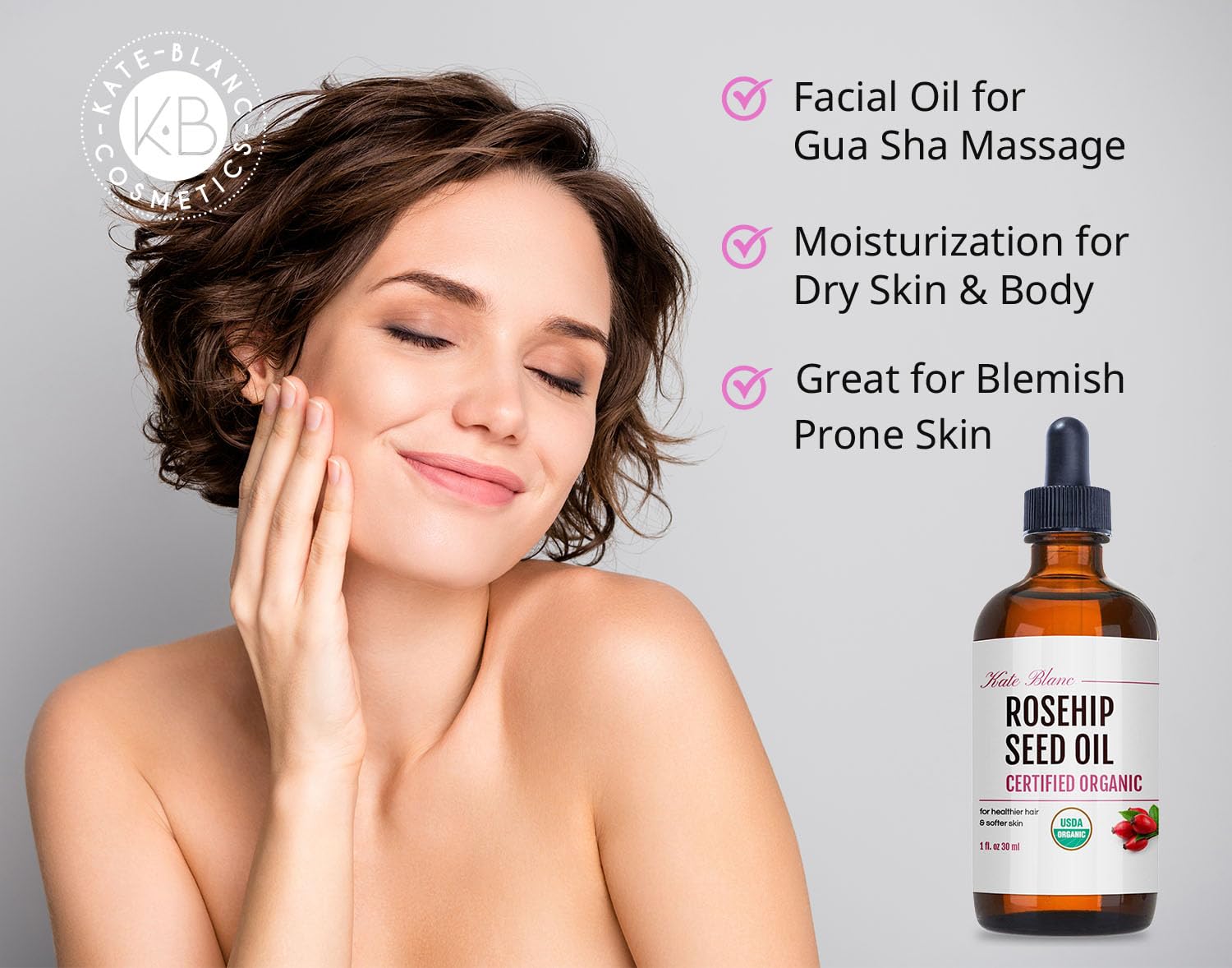 Kate Blanc Cosmetics Rosehip Oil for Face & Skin (1oz, Organic, Pure, Cold Pressed) Rosehip Seed Face Oil for Facial & Gua Sha Massage