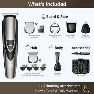 Electric Beard Trimmer for Men: 16-in-1 Professional Barber Hair Clippers - Cordless Grooming Kit - Turbo Speed & Precision Blades
