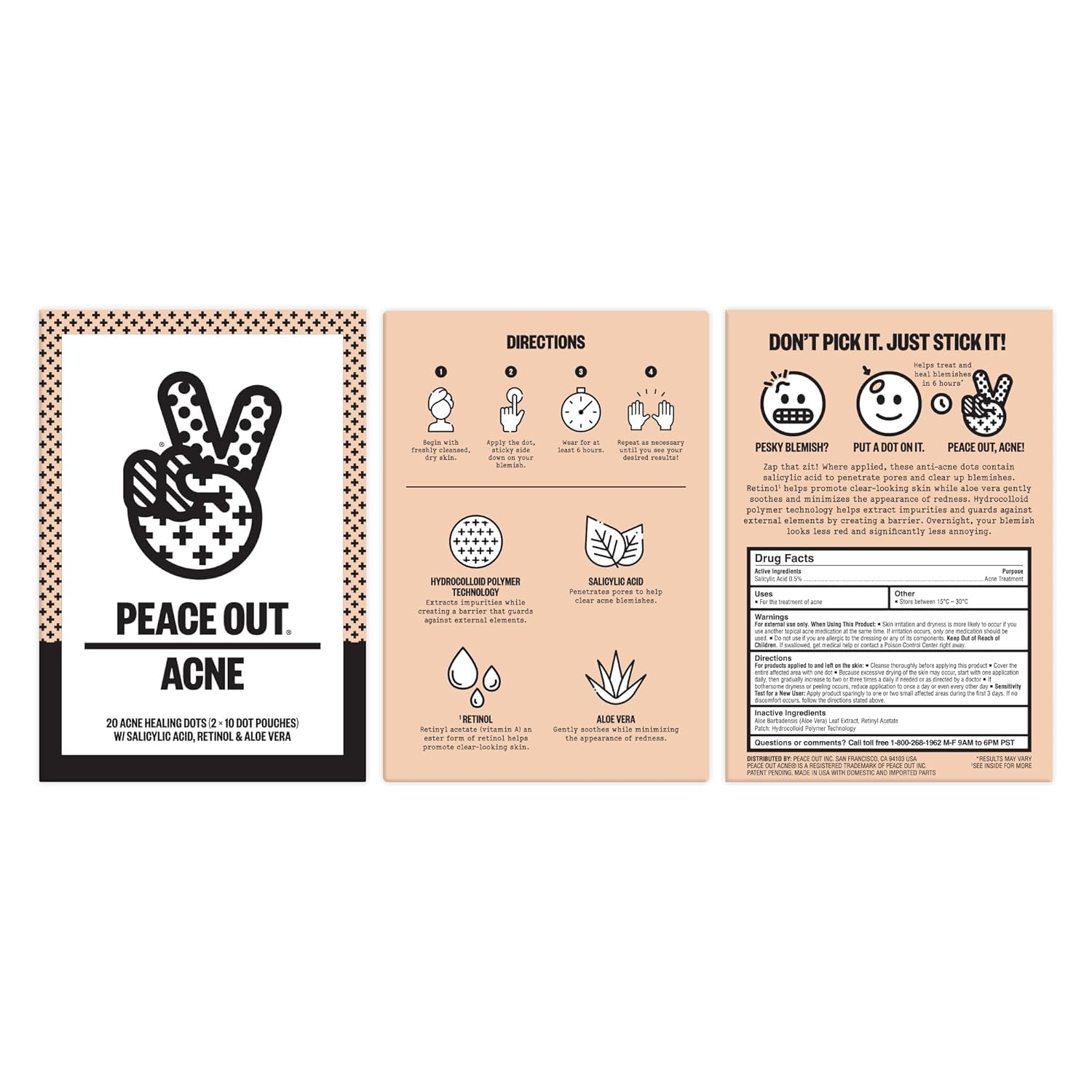 PEACE OUT Acne Healing Dots Helps Clear Blemishes Overnight, Fast Acting Hydrocolloid Pimple Patches for Breakouts with Salicylic Acid, Retinol and Aloe Vera, Award Winning Skincare Solution 20 Count