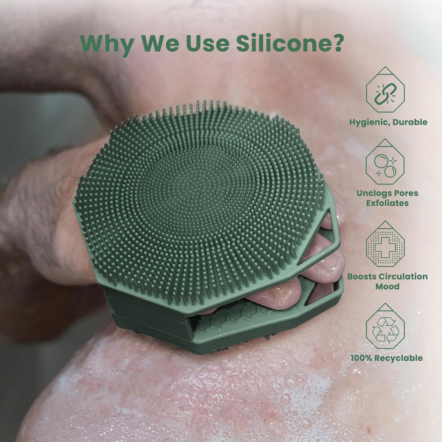 iTokGok® Premium 2-in-1 Silver-Infused Silicone Body Scrubber for Men, Double-Sided Design Body Brush Silicone Body Scrubber Exfoliating Body Brushes for All Skin, Lathers Well - Midnight Green