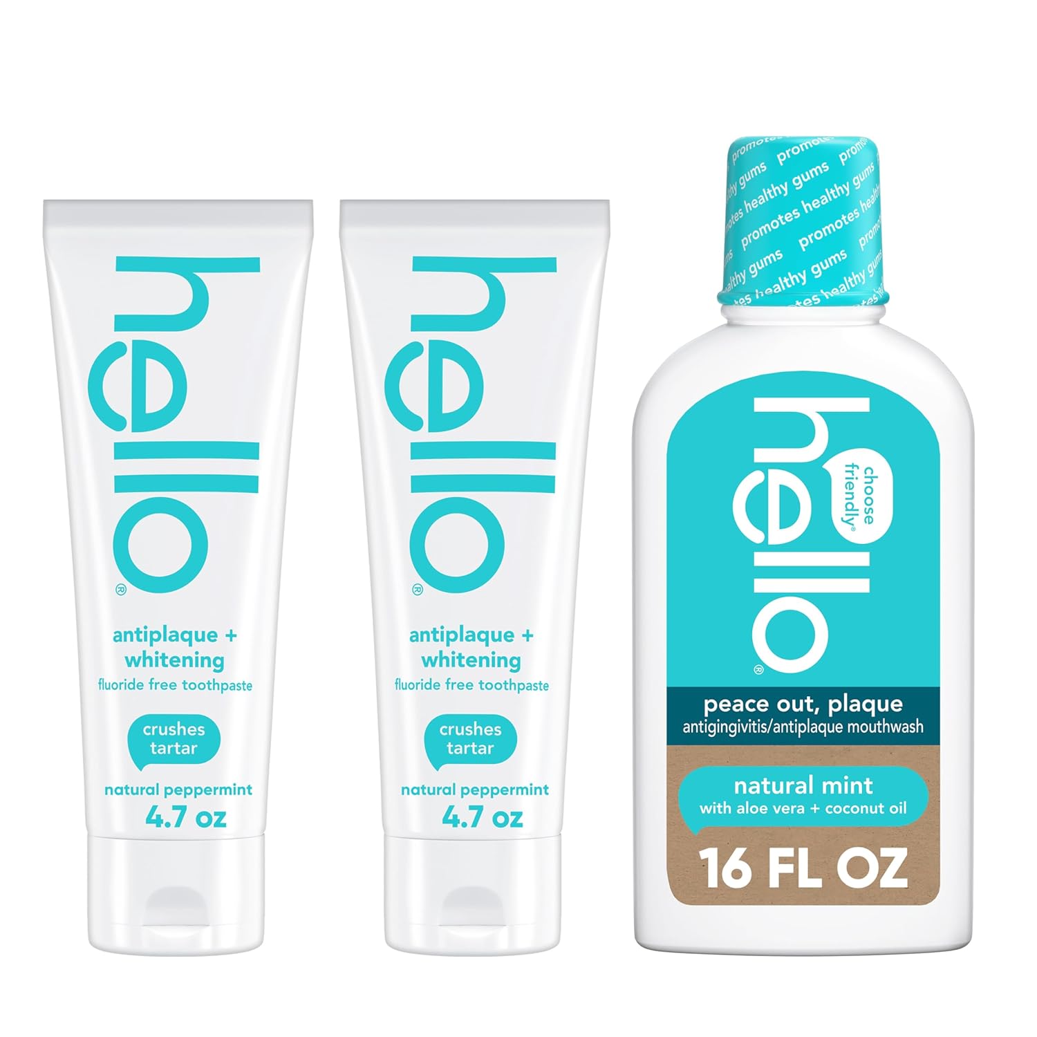 Hello Antiplaque Toothpaste, Fluoride Free for Teeth Whitening with Natural Peppermint Flavor and Tea Tree Oil, Peroxide Free, Gluten Free, SLS Free, 3 Pack, 4.7 OZ Tubes