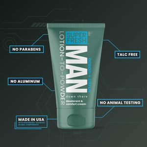 Super Fresh Ball Deodorant Powder Lotion Comfort Cream for Man Parts Groin Butt and Body Hygiene Controls Odor Stops Chafing and Itch Absorbs Sweat Aluminum Free Formula in 4 oz Tube