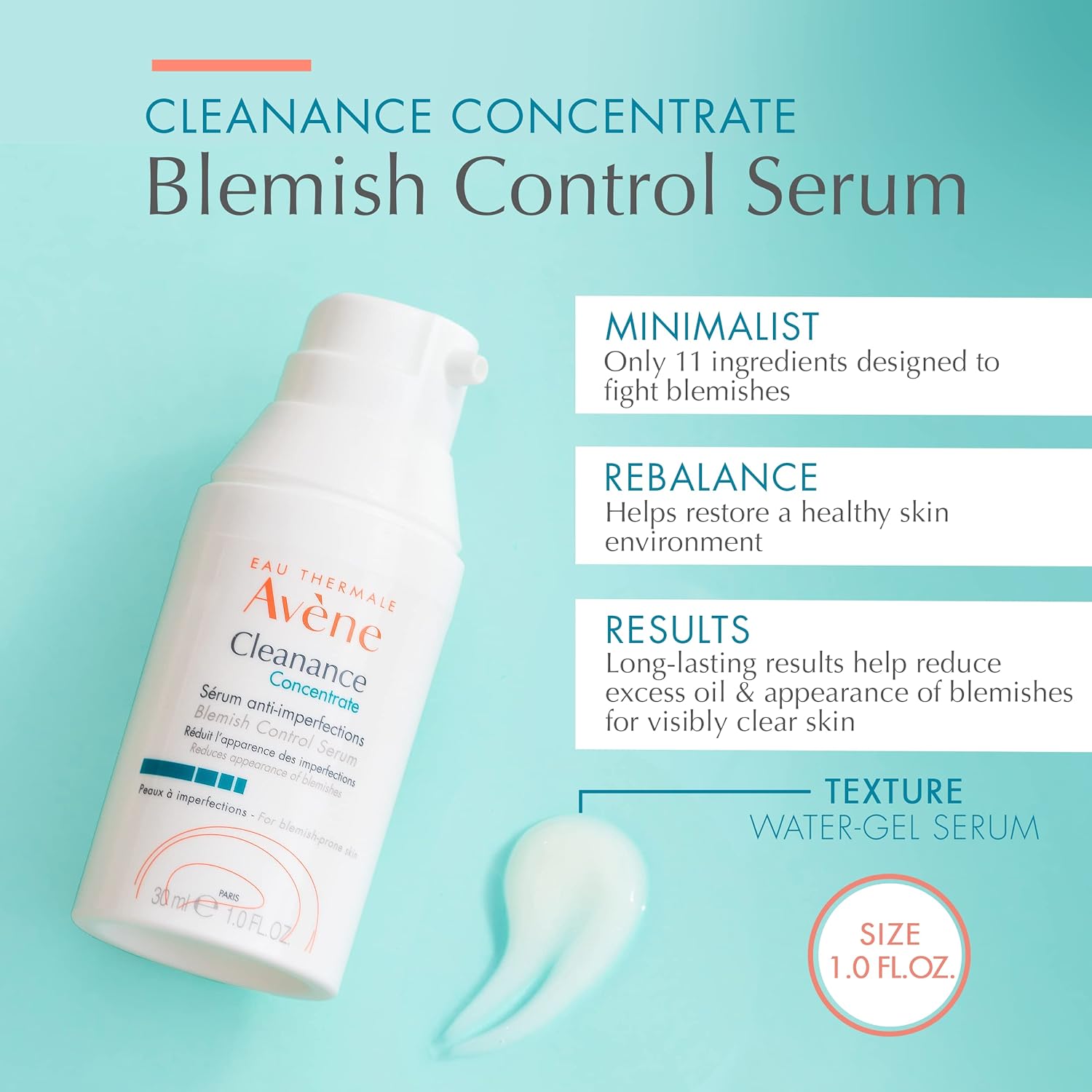 Avene Cleanance Concentrate Blemish Control Serum, clarifying water-gel, fragrance and silicone free, For acne-prone skin, airless pump, 1 Fl Oz
