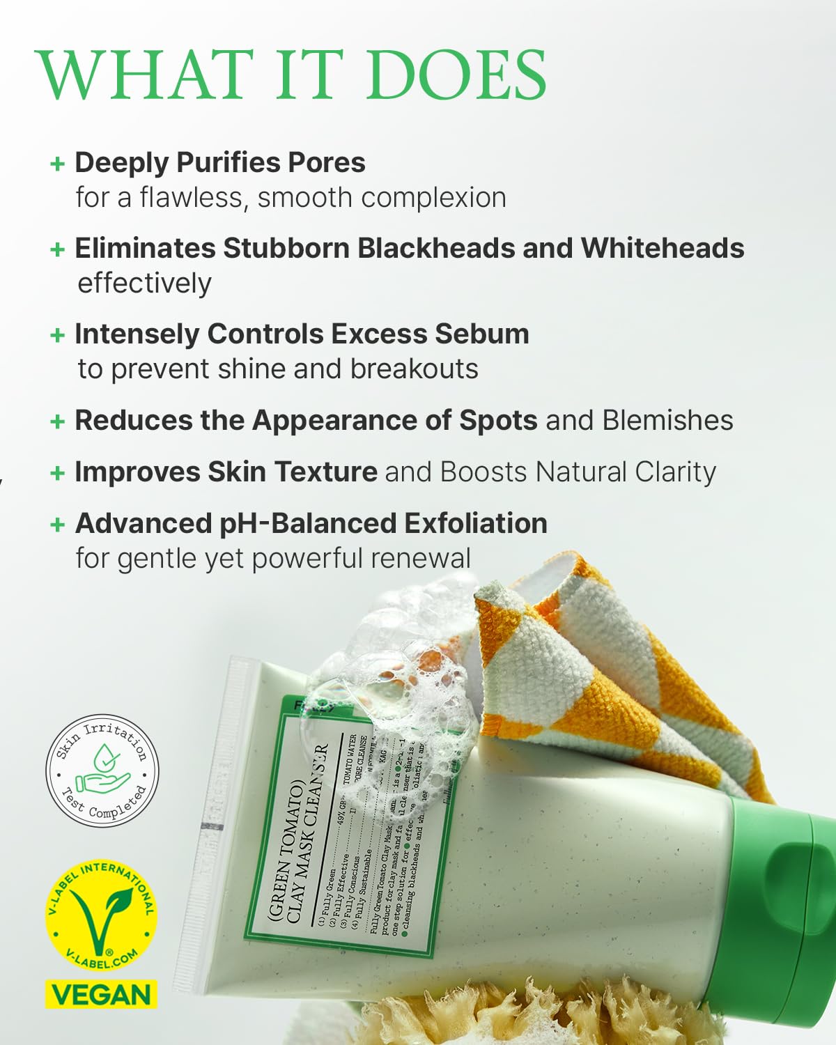 FULLY Green Tomato Clay Mask Cleanser, Pore Purifying with 49% Green Tomato Extract, Sebum & Clogged Pore Care, Exfoliation, Fragrance-Free, Vegan & Dermatologically Tested, 4.05 fl.oz