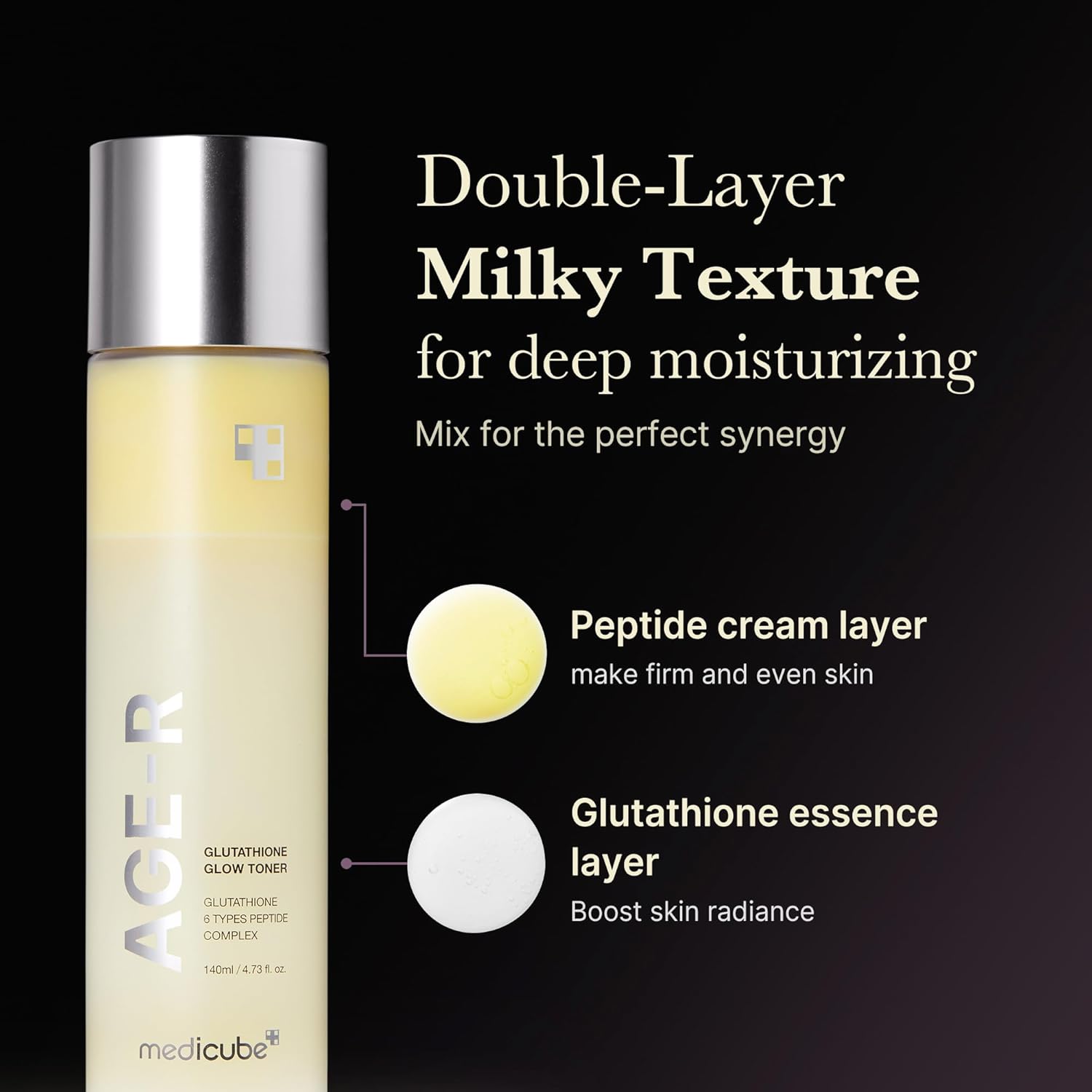 medicube Age-R Glutathione Glow Milky Toner, Low-Irritation Double Layer Toner for Glass Glow Skin with Peptide, Even Skin Tone, Radiance, Hydration, Korean Skincare