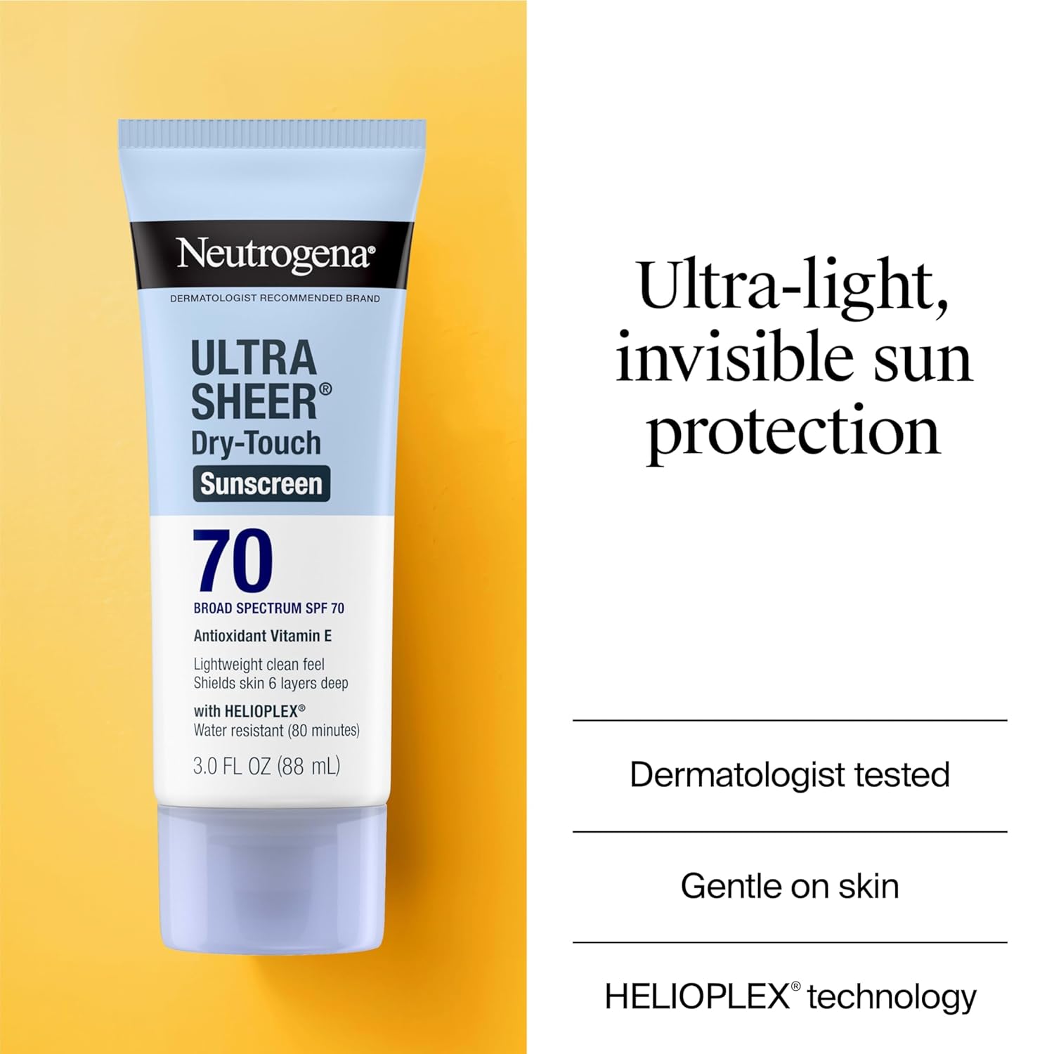 Neutrogena Ultra Sheer Dry-Touch Sunscreen Lotion SPF 70, Broad Spectrum, Water Resistant 80 Min, Oil-Free, Oxybenzone-Free, Non-Comedogenic, Matte Finish, Body Sunscreen, Travel Size 3 Fl Oz