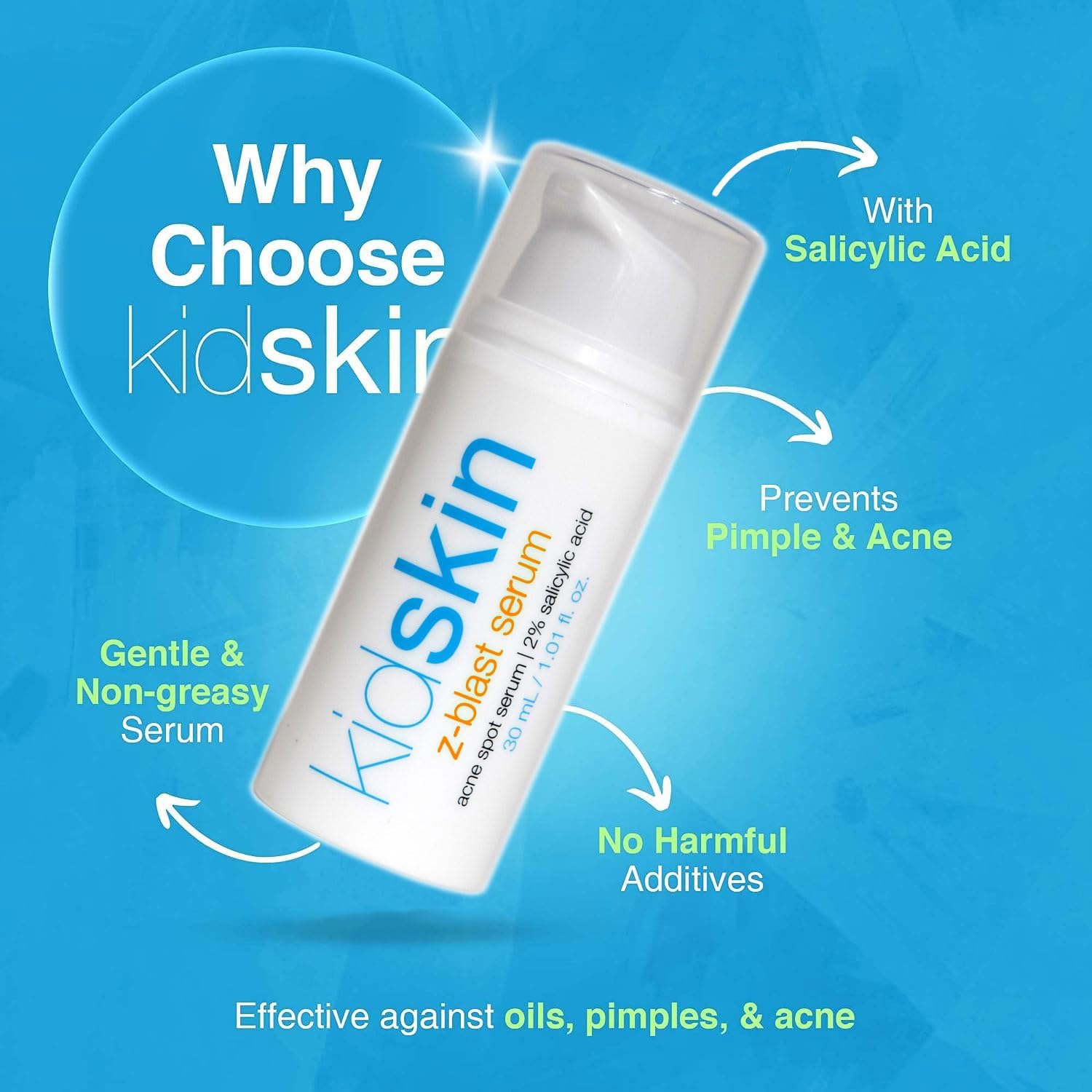 Kidskin - Z-Blast Serum, for Face Acne, Skin Care for Kids, Pre-Teen and Teen Skin Ages 9-17, Vegan-and-Cruelty-Free Acne Prone Skin Care, 1 fl oz