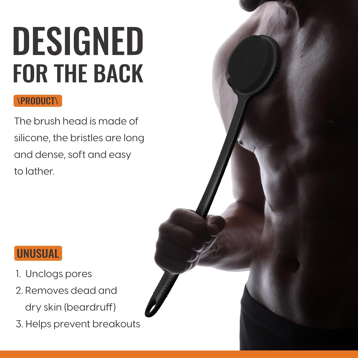 VWMYQ Silicone Back Scrubber for Shower, 17in Lengthen Long Handle Body Brush, Double Sided Shower Brush for Shower Exfoliating and Massage Can Produce Rich Foam, Long Handle Back Scrubber for Men.