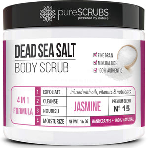 pureSCRUBS Premium Coconut Body Scrub Set - Large 16oz Dead Sea Salt Body Scrub With Infused Essential Oils & Nutrients, Includes Wooden Spoon, Loofah & Oatmeal Exfoliating Bar Soap