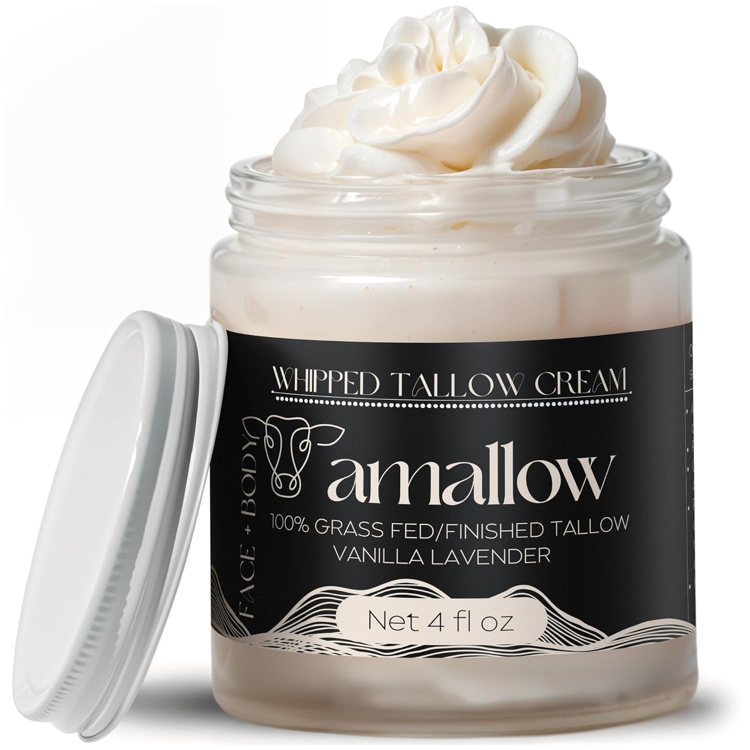 100% Grass Fed Beef Tallow for Skin Care - Face + Body - Whipped Moisturizer for Sensitive Skin - Natural Lotion, 4 FL. oz. (Unscented)
