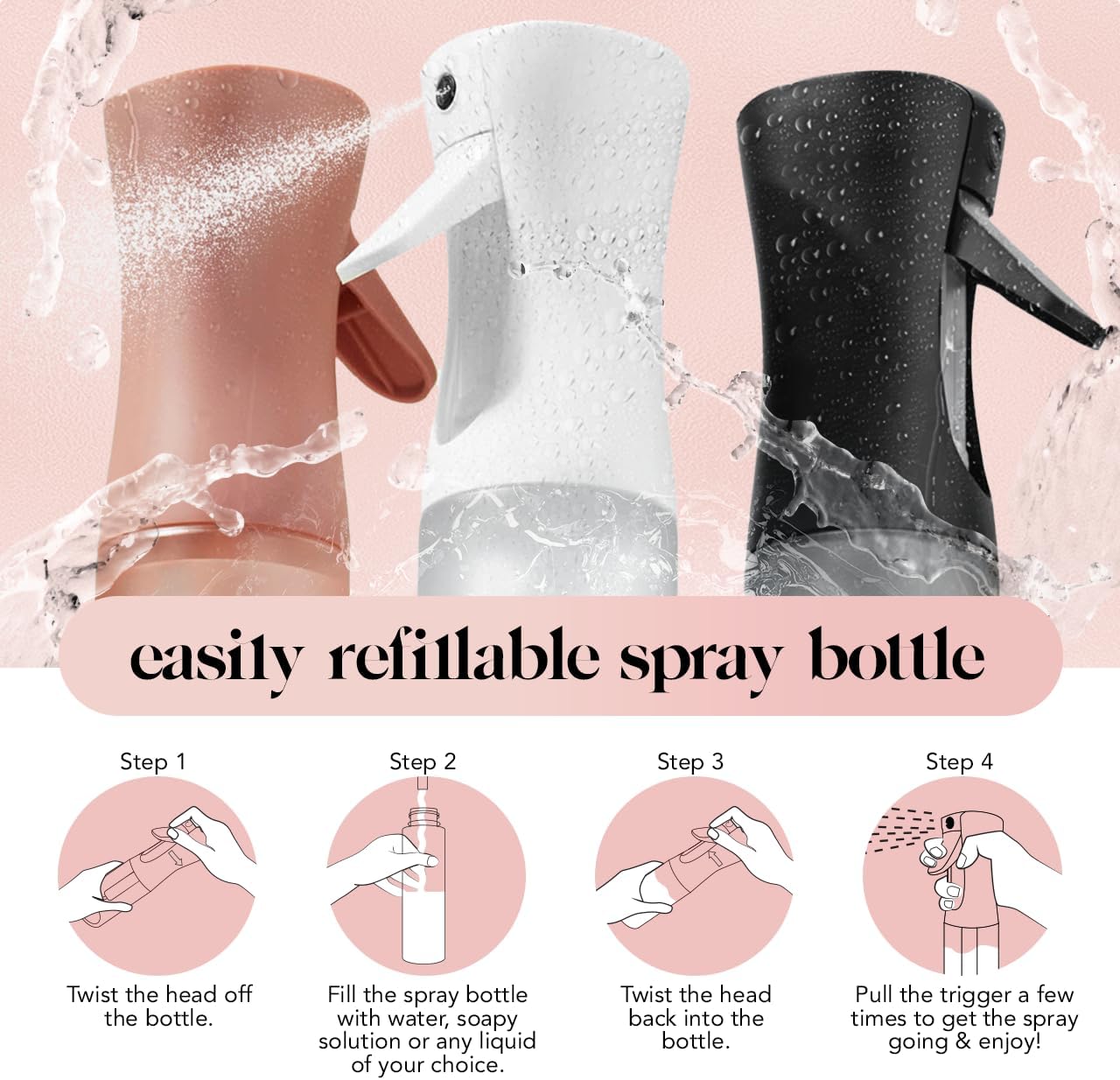 Kitsch Spray Bottle for Hair - Continuous Water Mister with Ultra Fine Mist for Hairstyling, Barbers, Salons, Cleaning, Plants, Versatile Spray Bottles - Made from Recycled Plastic - Black, 5 oz