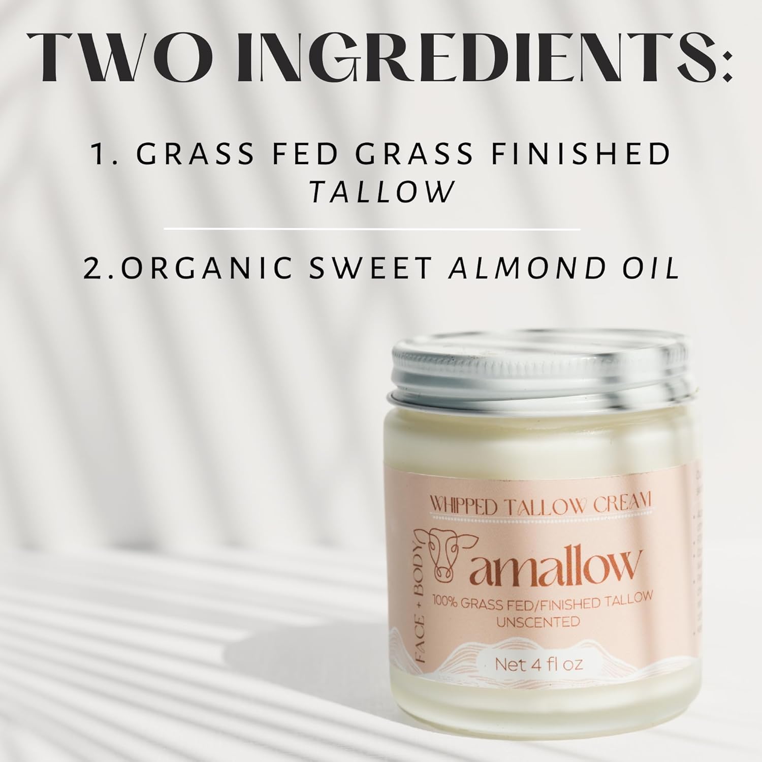 100% Grass Fed Beef Tallow for Skin Care - Face + Body - Whipped Moisturizer for Sensitive Skin - Natural Lotion, 4 FL. oz. (Unscented)