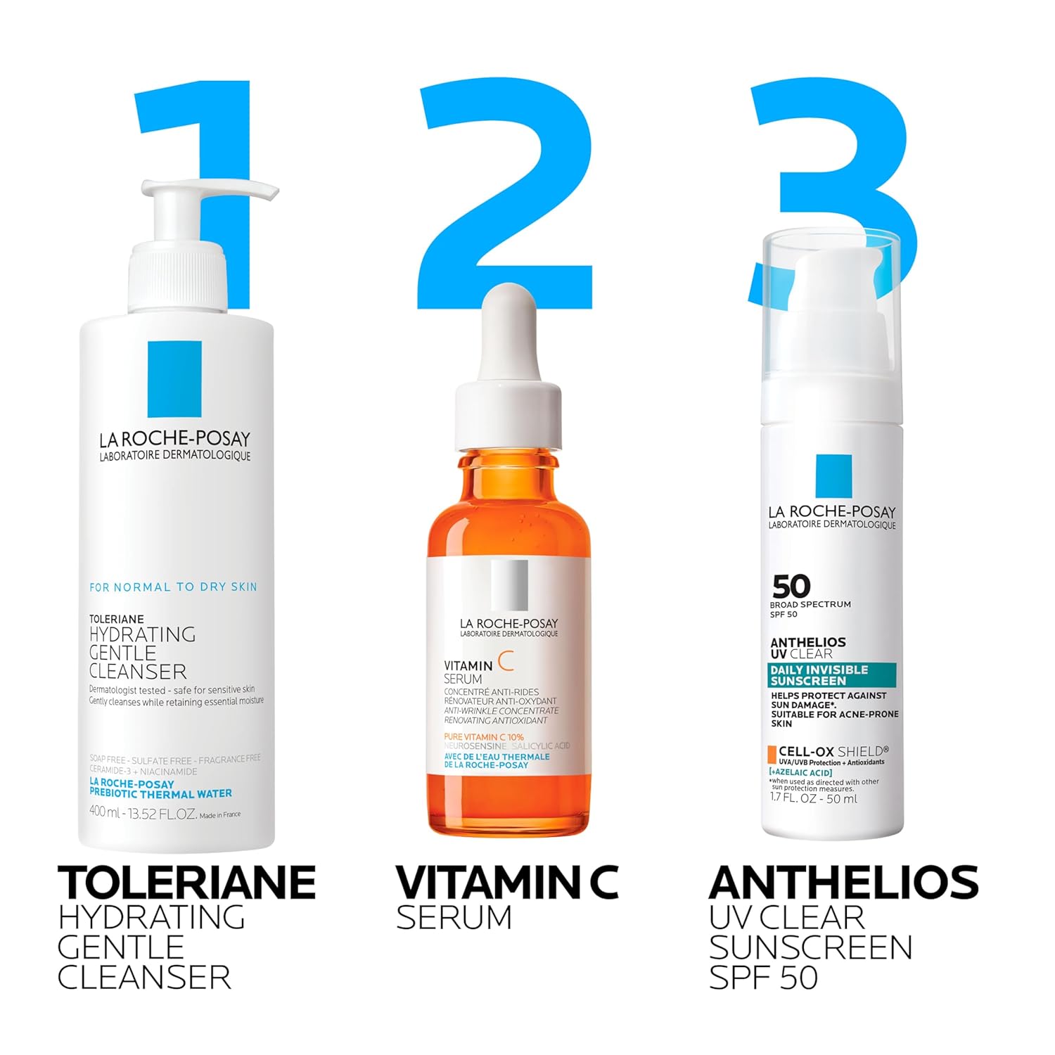 La Roche Posay Anthelios UV Sunscreen SPF 50, Daily Sunscreen for Face in 3 Formulas, UV Tone with Niacinamide, UV Hydra with Hyaluronic Acid, UV Clear with Azelaic Acid, Broad Spectrum Invisible SPF